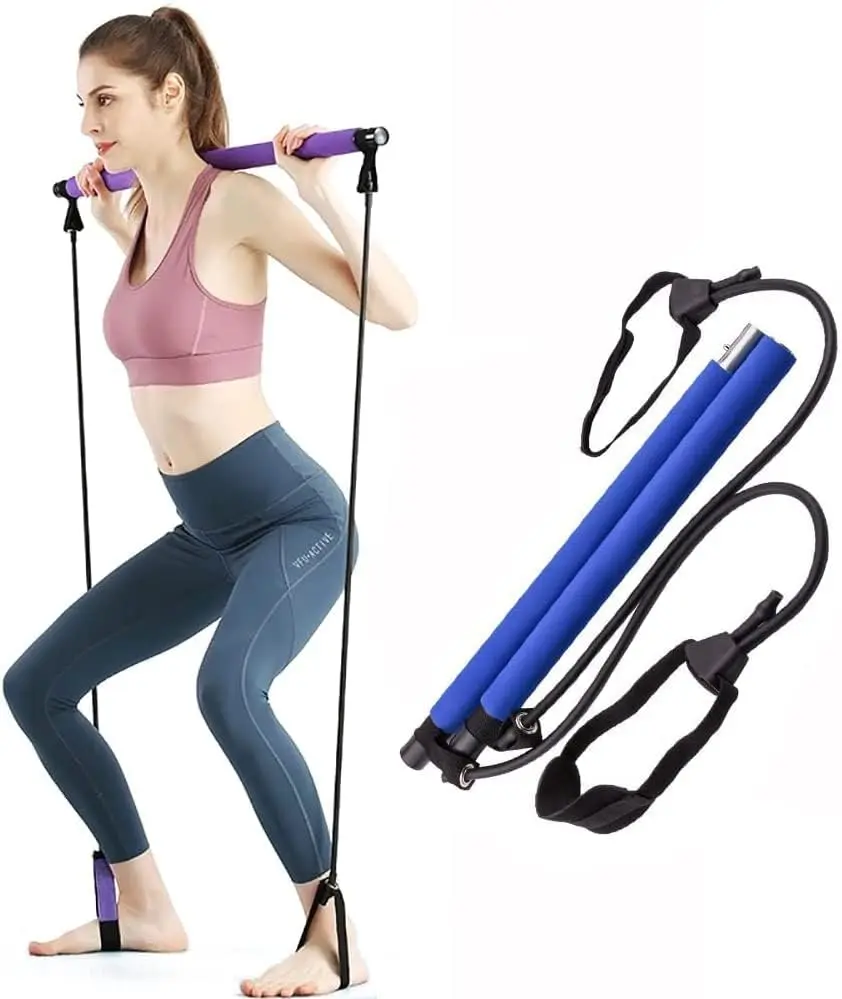 Barra elástica para pilates portátil, ideal para entrenar en casa o al aire libre.