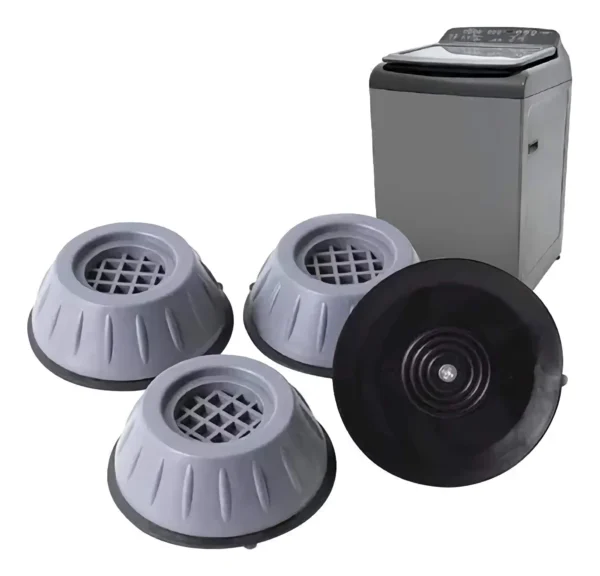 Set x4 almohadillas antivibración para lavadora, base negra y gris.