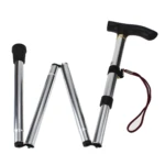 Bastón plegable portátil plateado con empuñadura negra y correa para el cuello.
