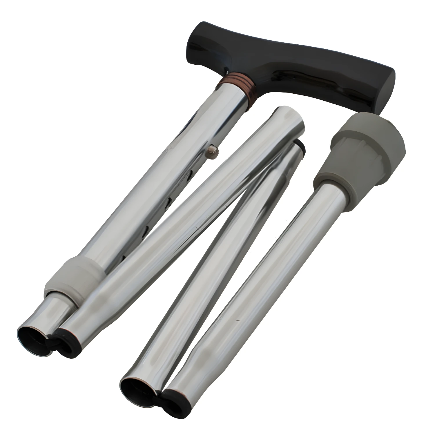 Bastón plegable portátil de metal cromado con empuñadura negra y goma gris.