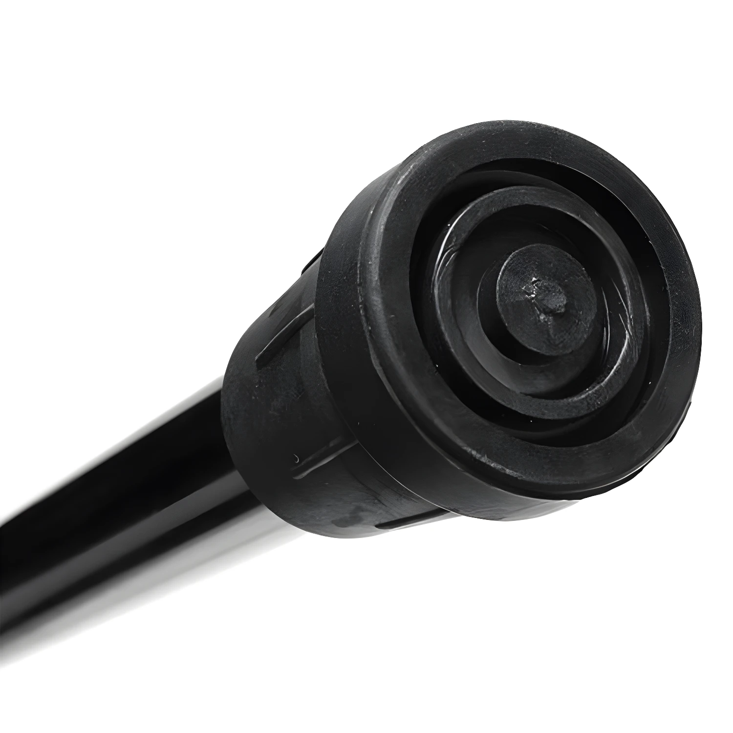 Bastón plegable portable con base de goma antideslizante negra y tubo metálico brillante.