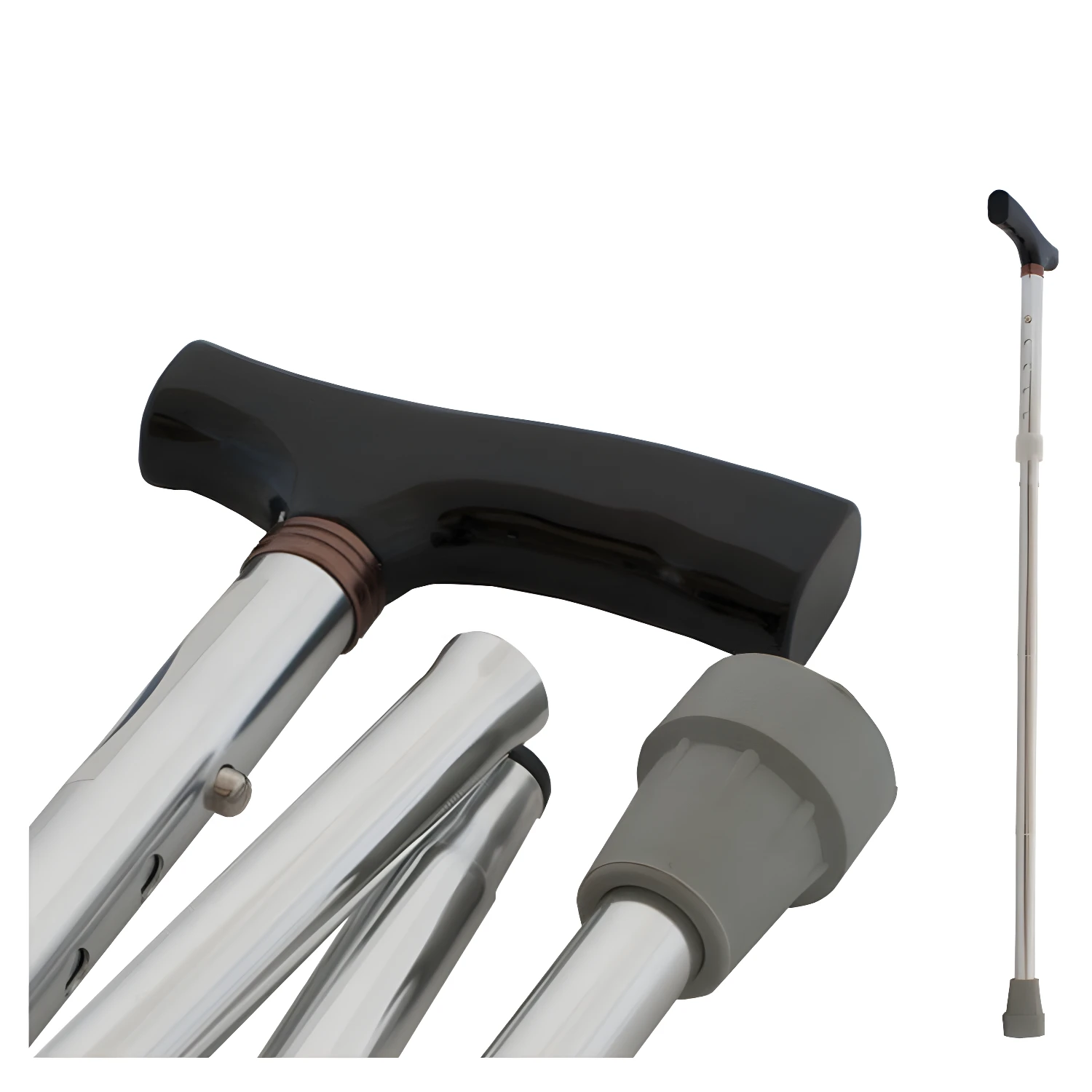 Bastón plegable portátil plateado con mango ergonómico negro y punta de goma gris.