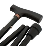 Bastón plegable portátil negro con empuñadura ergonómica y punta de goma.
