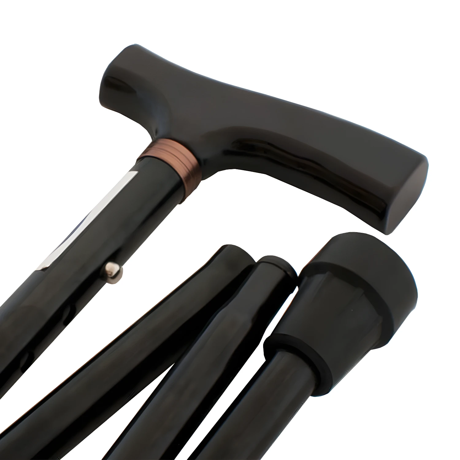 Bastón plegable portátil negro con empuñadura ergonómica y punta de goma.