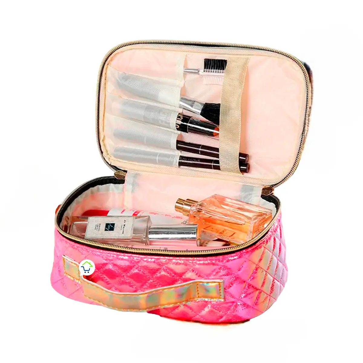 Bolso organizador de maquillaje viajero color rosa brillante, con compartimentos para brochas y perfumes.
