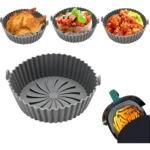 Set 3 canastillas silicona reutilizables para freidora de aire con pollo, pan y papas.