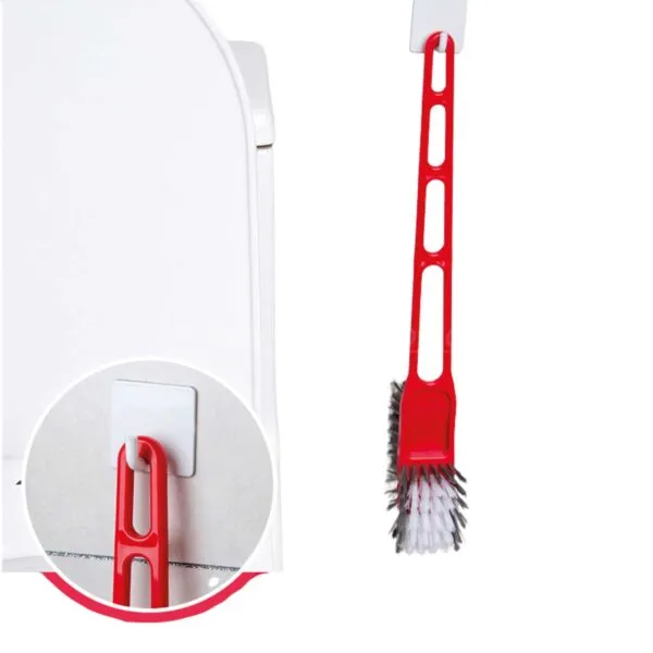 Cepillo doble 360 para baño, diseño moderno colgado en gancho blanco sobre superficie texturizada.