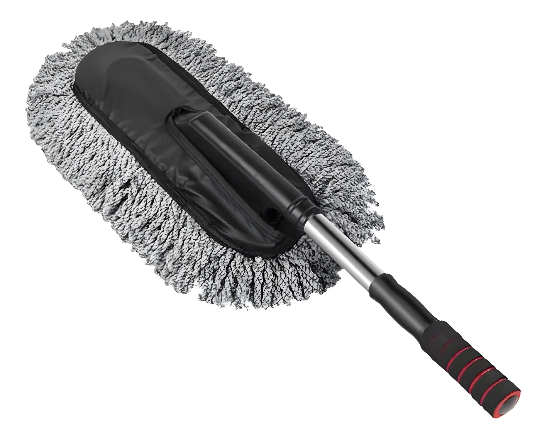 Cepillo limpiador para carro con mango extensible y cerdas grises para detallar vehículos.