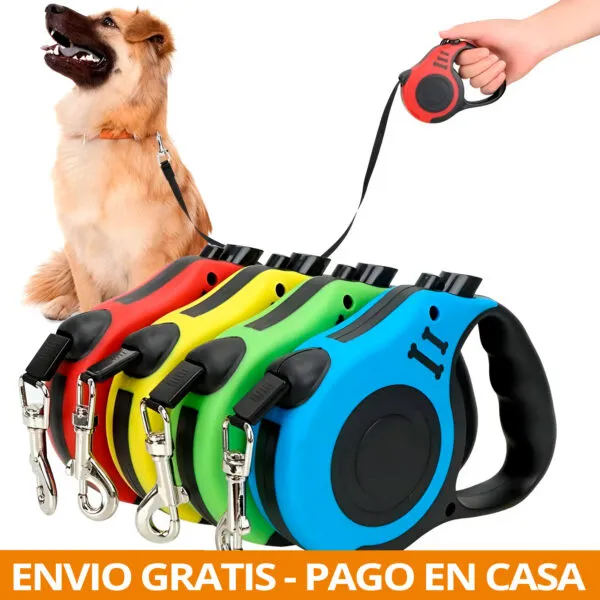 Correa retráctil para perros de 5 metros, varios colores, con perro y mano sosteniendo.