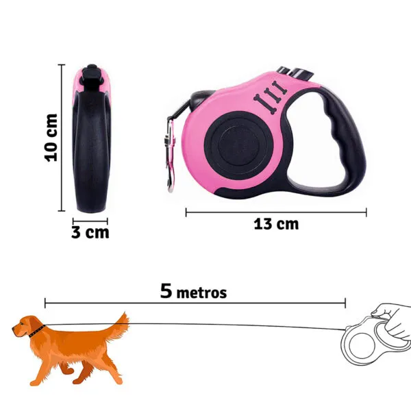 Correa retráctil para perros rosa de 5 metros, 13x10x3 cm. Ideal para paseos.