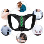 Corrector de postura unisex con flechas verdes para aliviar dolor de espalda y mejorar postura.
