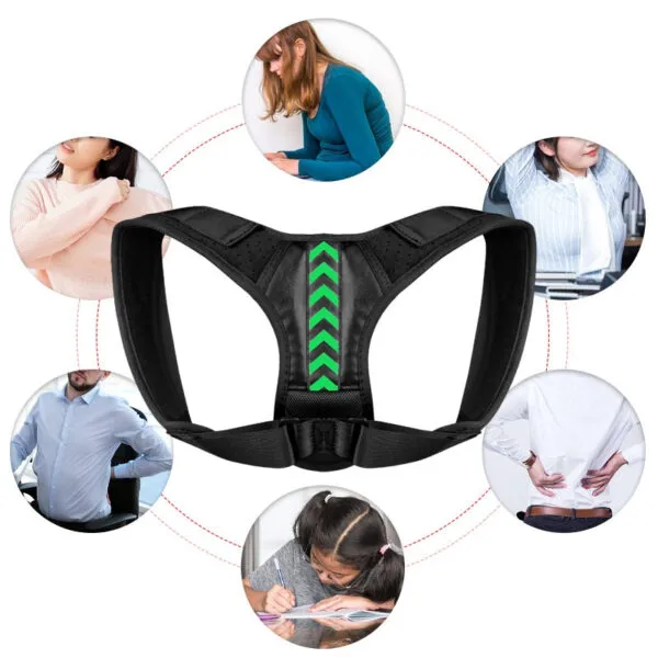 Corrector de postura unisex con flechas verdes para aliviar dolor de espalda y mejorar postura.