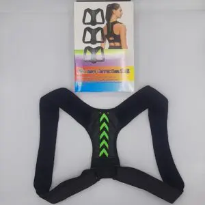 Corrector de postura con flechas verdes en espalda superior, ajustable, para hombres y mujeres.