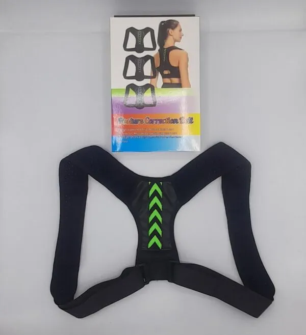 Corrector de postura con flechas verdes en espalda superior, ajustable, para hombres y mujeres.