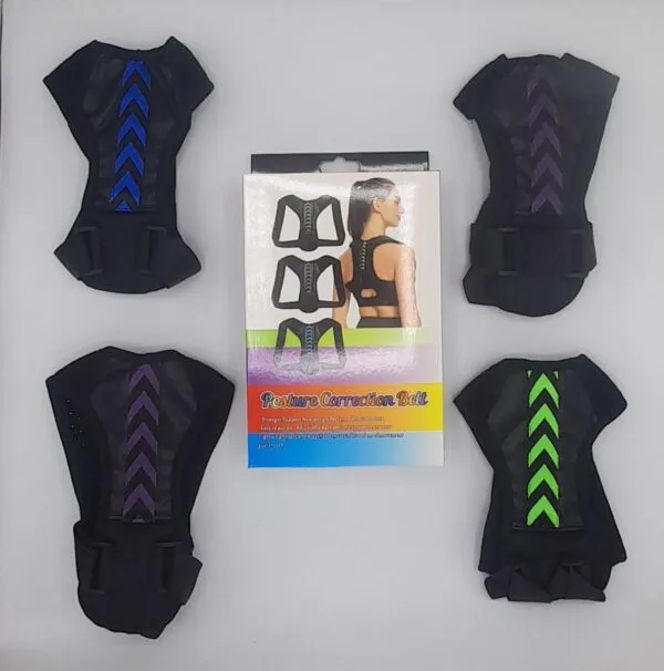 Corrector de postura de espalda superior con flechas azules, moradas y verdes, diseño ergonómico.