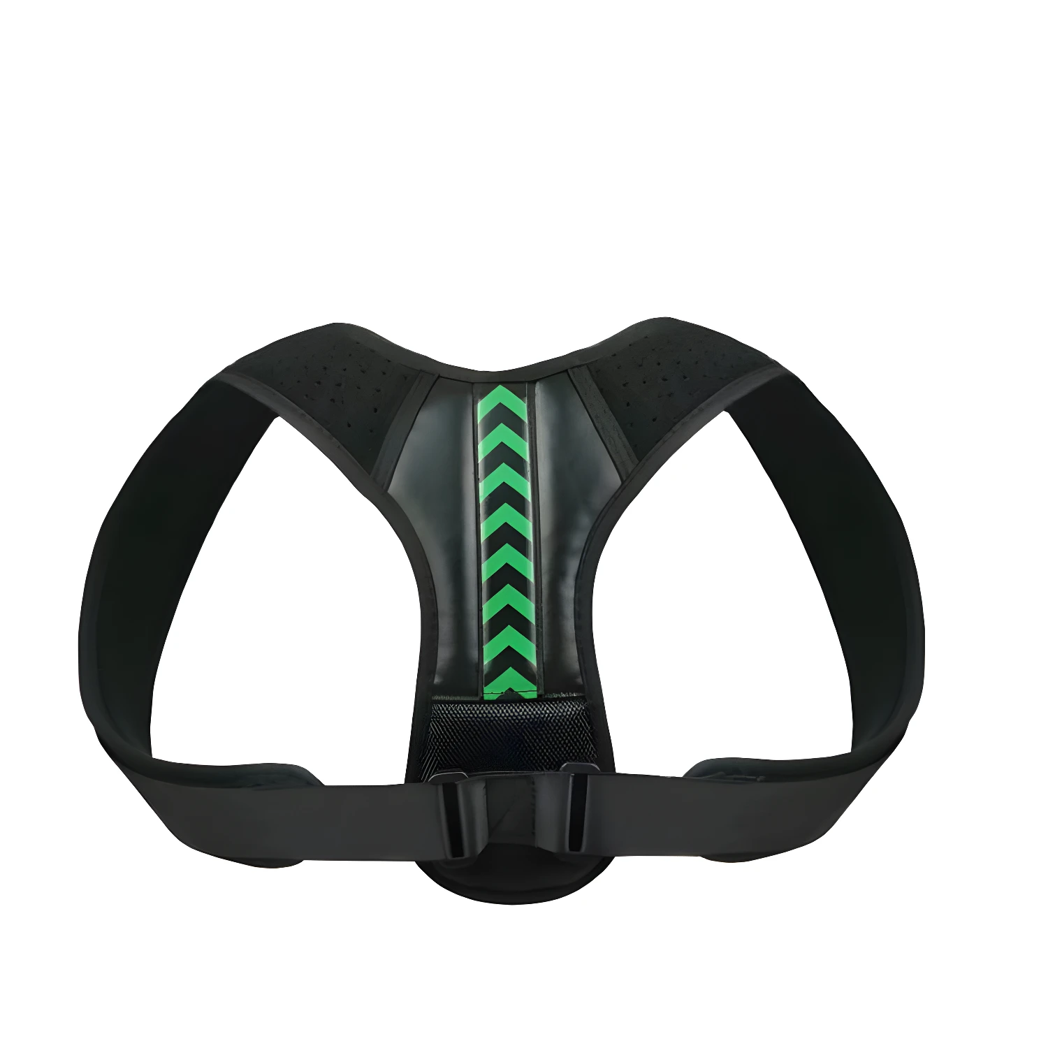 Corrector de postura espalda superior con flechas verdes, soporte ajustable y diseño ergonómico.