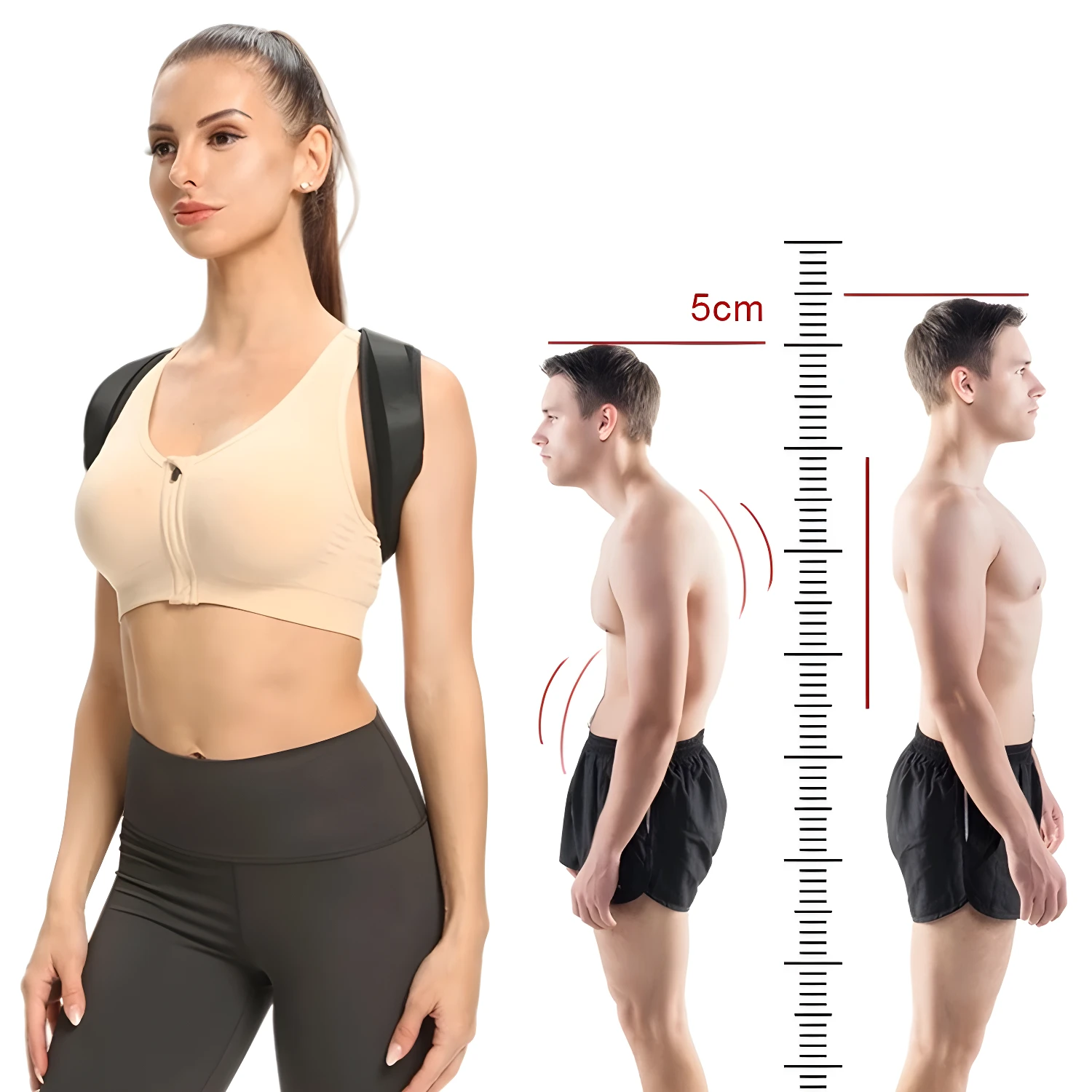 Corrector de postura que mejora la espalda superior, mostrando corrección de la cifosis y aumento de estatura.