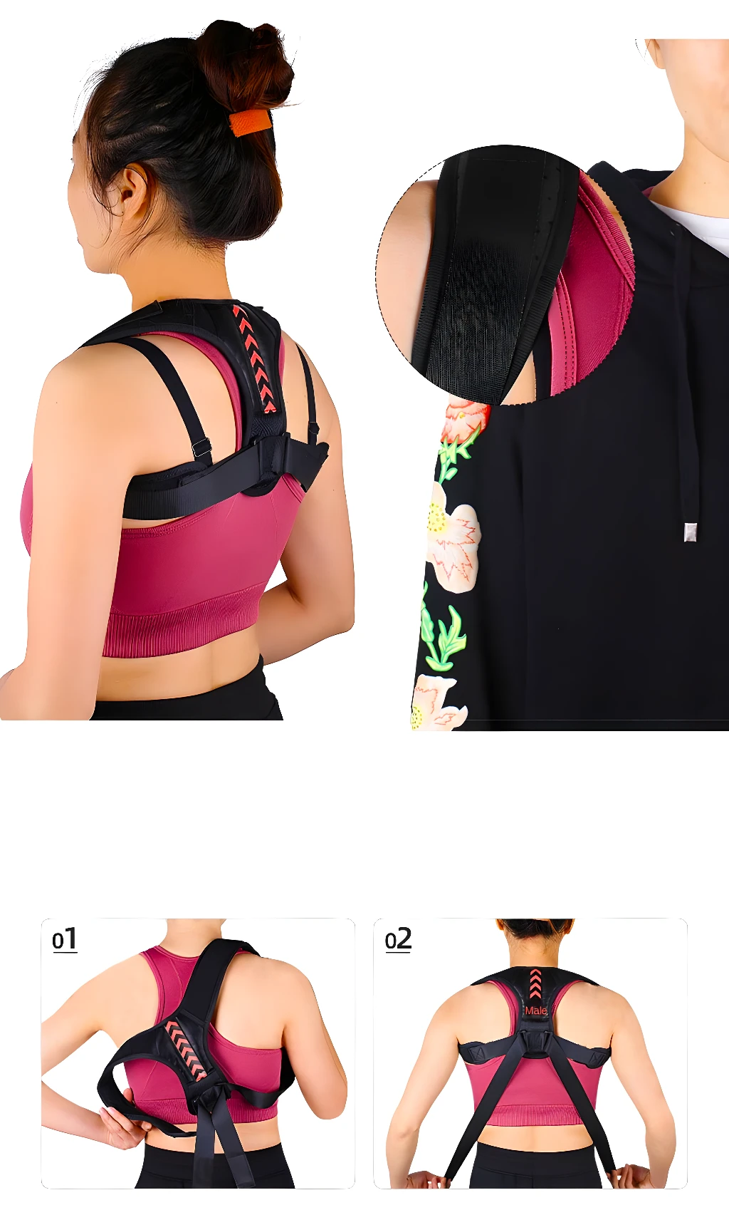 Corrector de postura con flechas en la espalda superior, ajuste cómodo y diseño ergonómico.