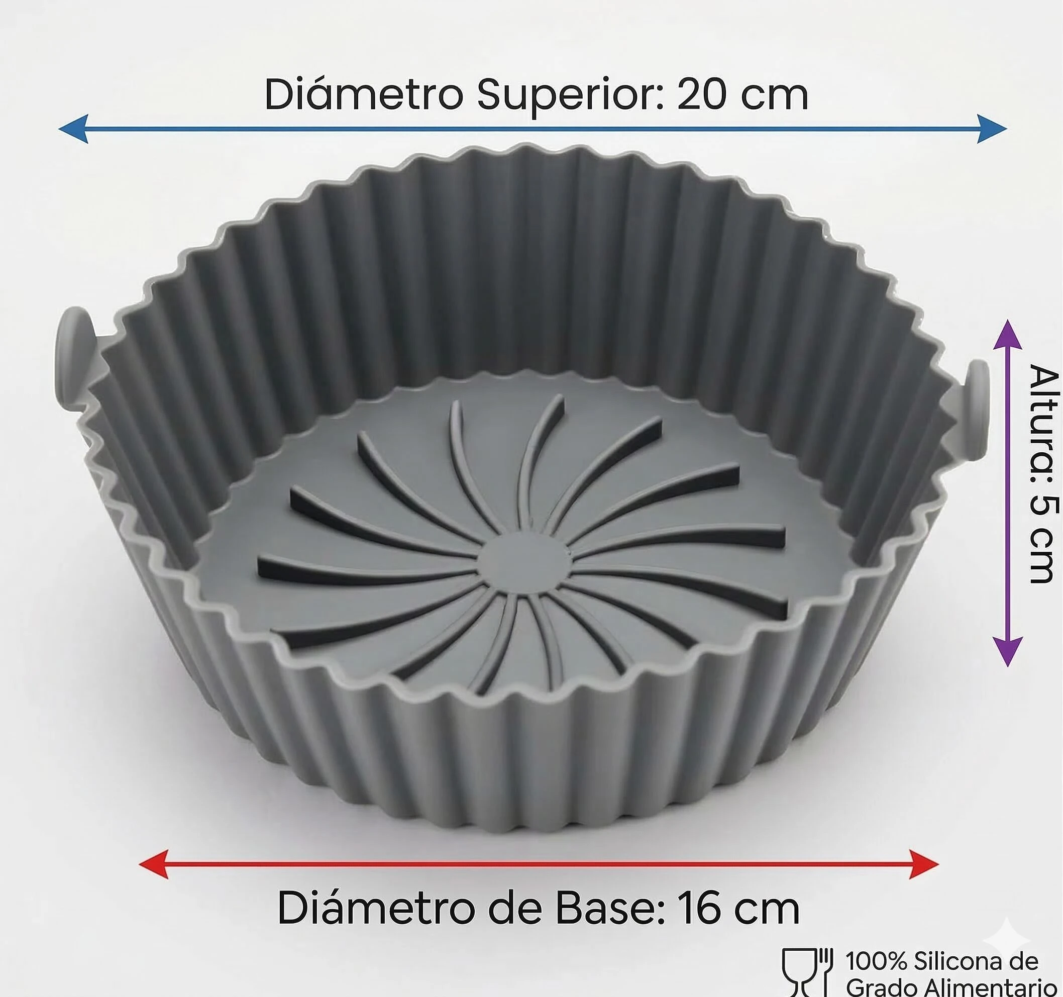 Canastilla redonda de silicona gris para freidora de aire, 20 cm superior, 16 cm base y 5 cm altura. Fondo con ranuras.