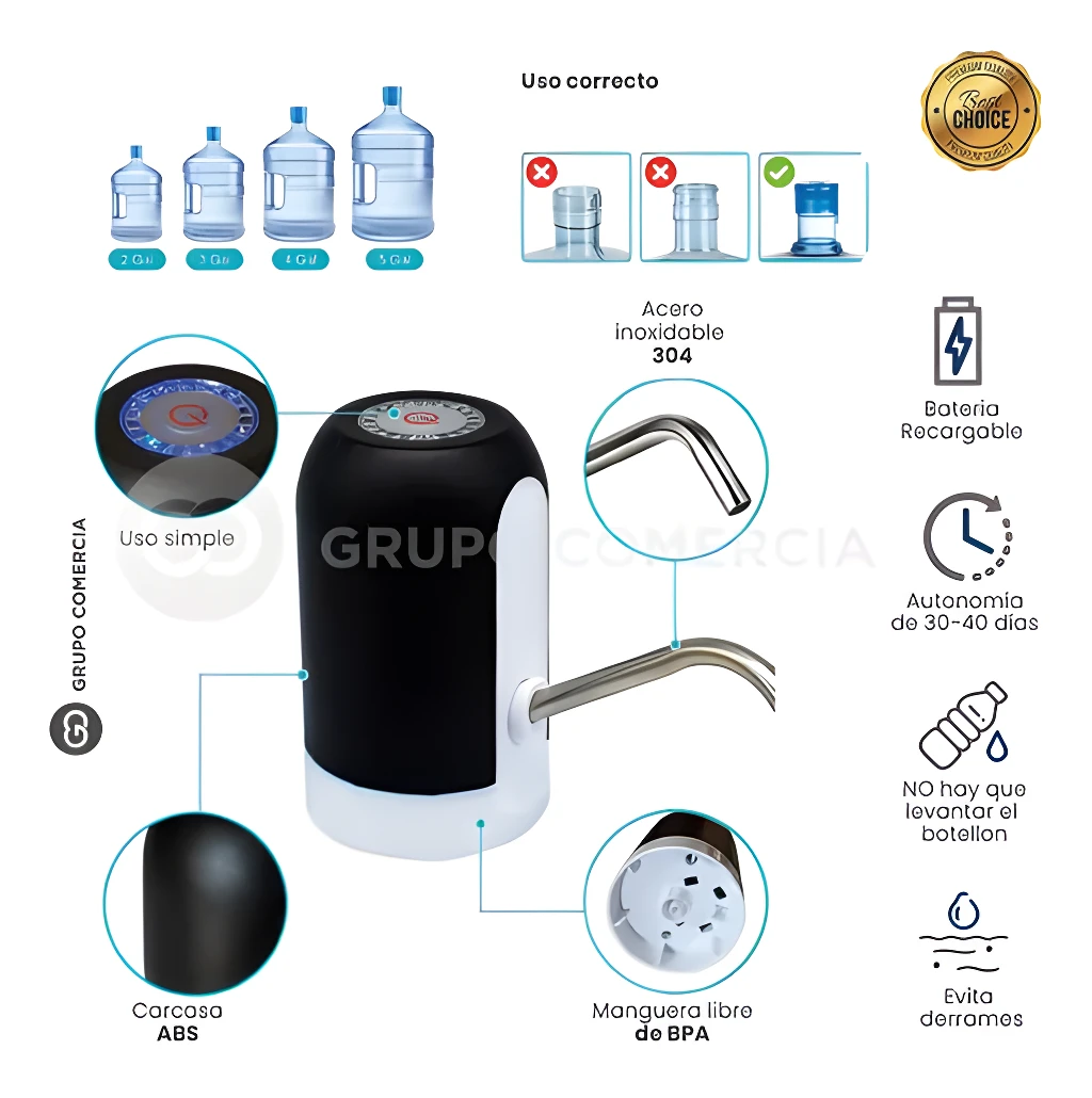 Dispensador automático recargable para botellón de agua, material ABS, batería duradera.