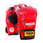 Guantes profesionales de kick boxing y MMA rojos WALDN con diseño de llamas y doble etiqueta.