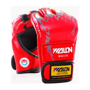Guantes profesionales de kick boxing y MMA rojos WALDN con diseño de llamas y doble etiqueta.