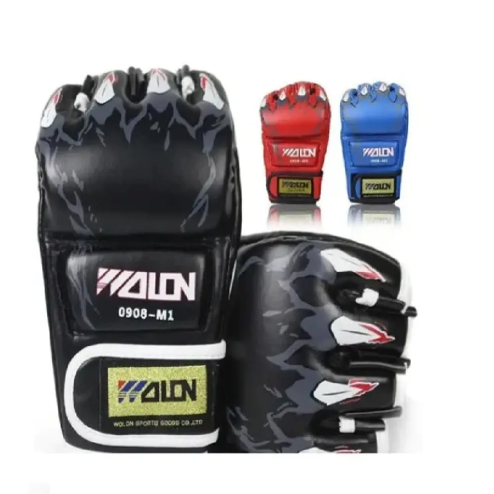 Guantes profesionales de kick boxing y MMA, disponibles en negro, rojo y azul con diseño de llamas.