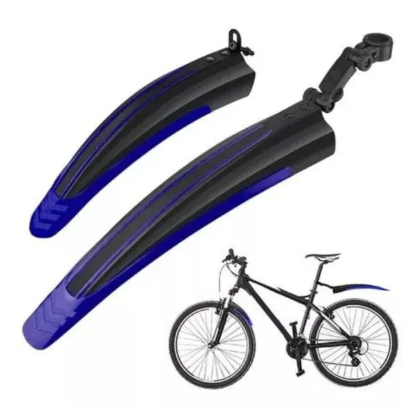 Guardabarros de bicicleta delanteros y traseros negros y azules, con detalles de diseño deportivo.