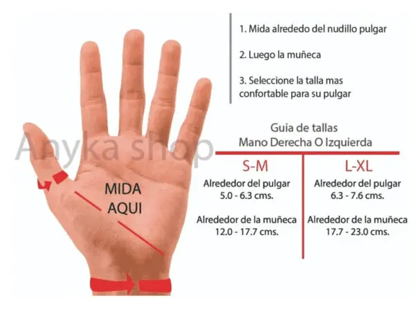 Guía de tallas para inmovilizador de pulgar: mide alrededor del nudillo y muñeca.