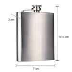 Licorera acero inoxidable 4 oz, 10.5 cm alto, 7 cm ancho, 2 cm grosor.