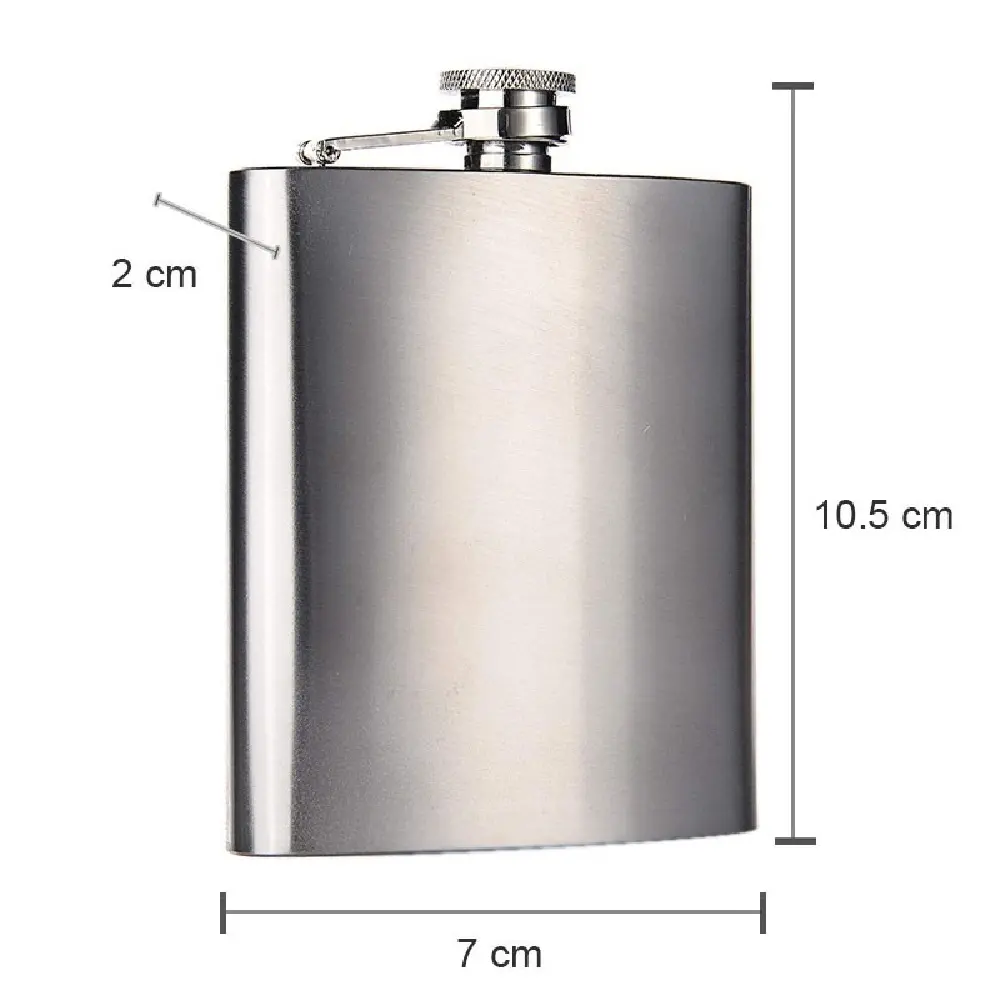 Licorera acero inoxidable 4 oz, 10.5 cm alto, 7 cm ancho, 2 cm grosor.