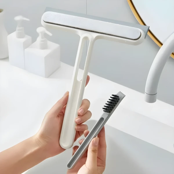 Set x2 limpiador de vidrios y cepillo para limpieza en lavabo, incluye escurridor y cerdas negras.