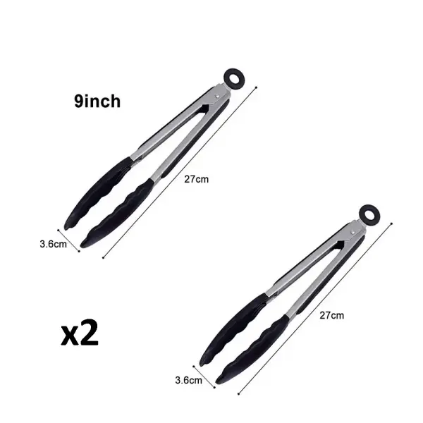 Set x2 pinzas de cocina acero inoxidable 27cm, 9 pulgadas, 3.6cm ancho, para barbacoa.