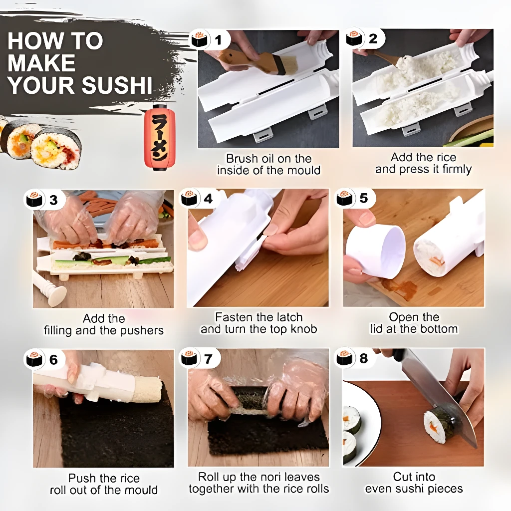 Set x2 máquina para hacer sushi, instrucciones paso a paso con moldes y cuchillo para cortar.