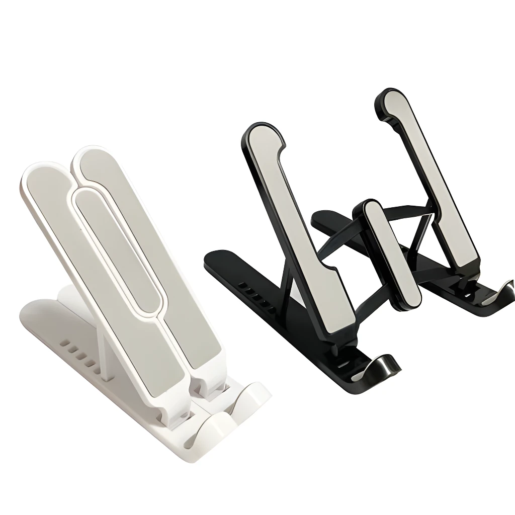 Set x2 mini bases plegables para celular o tablet, soportes blancos y negros ajustables.