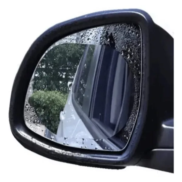 Película antiempañante para espejos retrovisores de auto, set x4 pares, con gotas de agua.