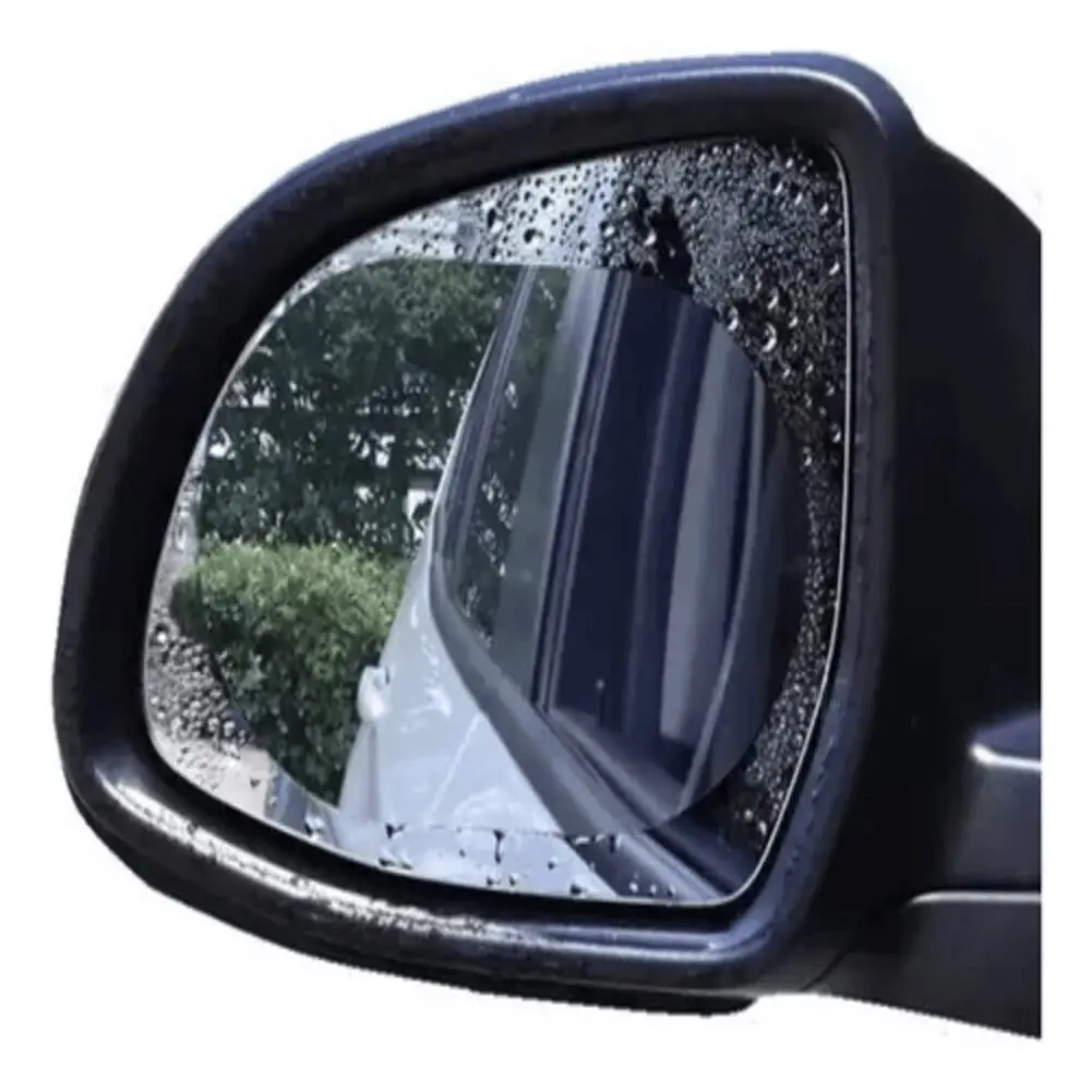 Película antiempañante para espejos retrovisores de auto, set x4 pares, con gotas de agua.