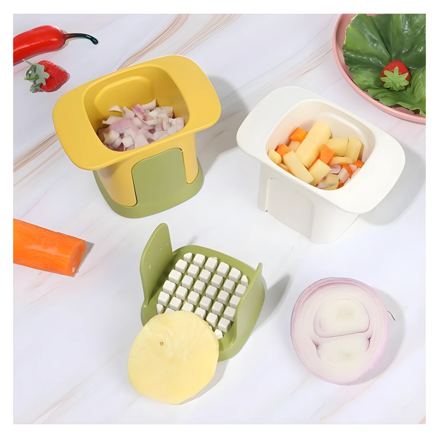 Picador de papa y verduras para picar cebolla, papa y zanahoria, con base de corte.