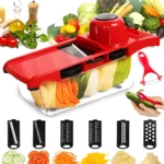 Picador y rallador multifuncional 6 en 1 con vegetales cortados y accesorios.