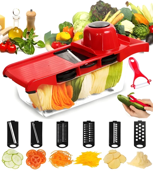 Picador y rallador multifuncional 6 en 1 con vegetales cortados y accesorios.