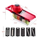 Picador y rallador multifuncional 6 en 1 rojo con accesorios, ideal para picar y rallar verduras.