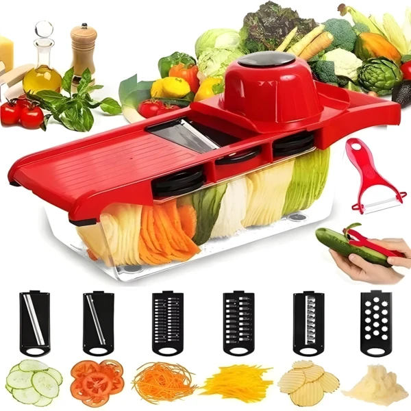 Picador y rallador multifuncional 6 en 1 rojo cortando verduras en julianas y rodajas finas.