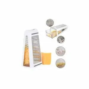 Rallador de queso blanco con recipiente incorporado y bloque de queso amarillo.