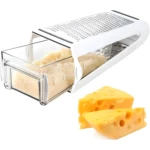 Rallador de queso con recipiente transparente, ideal para rallar queso suizo con facilidad.