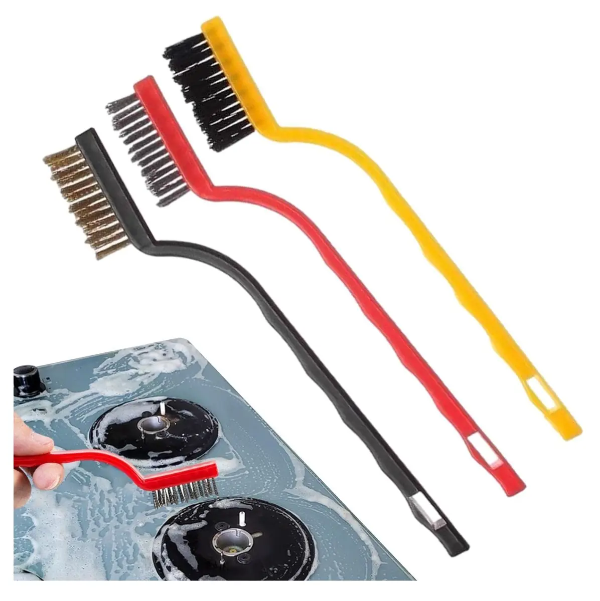Set de 6 cepillos de limpieza de óxido: alambre, acero, latón y nailon, ideal para estufas.