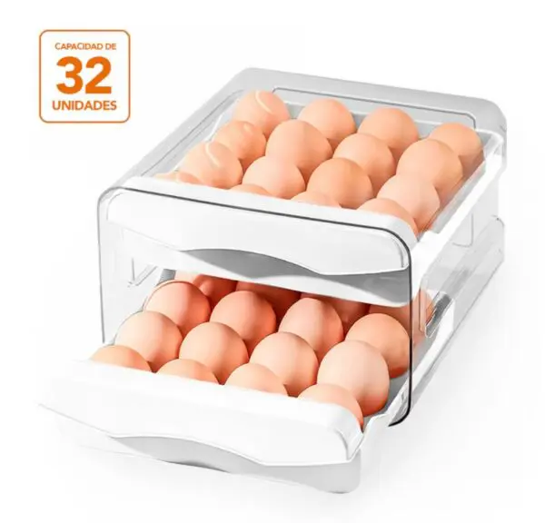 Contenedor de huevos con capacidad para 32 unidades, con diseño de dos bandejas extraíbles.