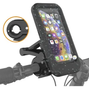 Soporte M3 impermeable para moto/bicicleta con celular visible. Antirrobo.