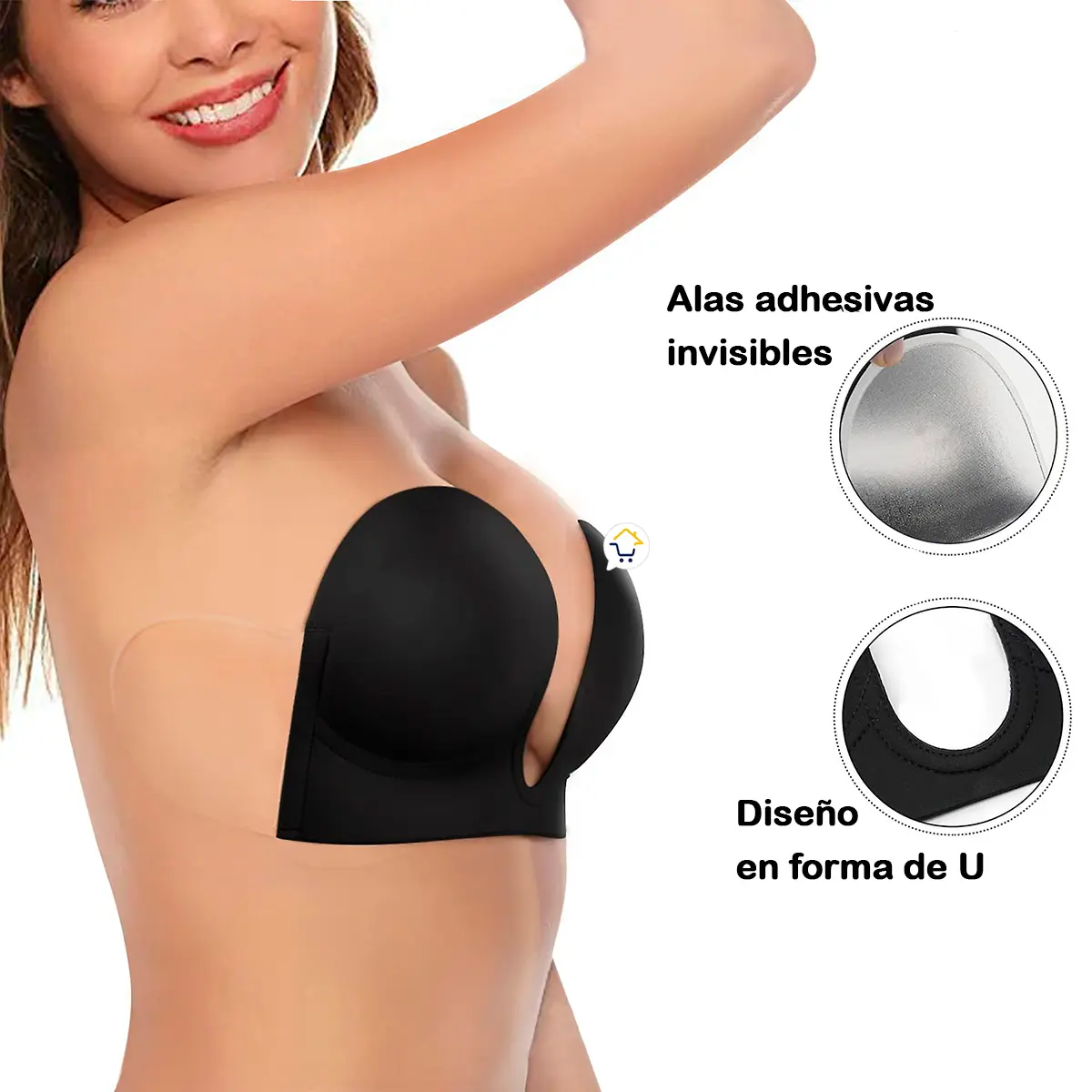 Sujetador invisible adhesivo levantador de busto en forma de U con alas de silicona.
