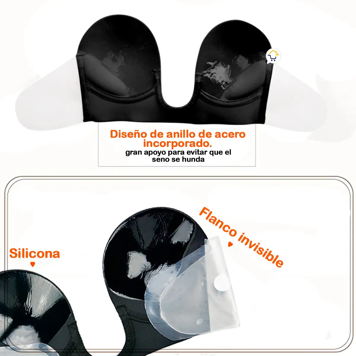 Sujetador adhesivo invisible levantador de busto con soporte de silicona y diseño de anillo.