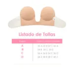 Sujetador invisible adhesivo de silicona con guía de tallas: A, B, C y D.